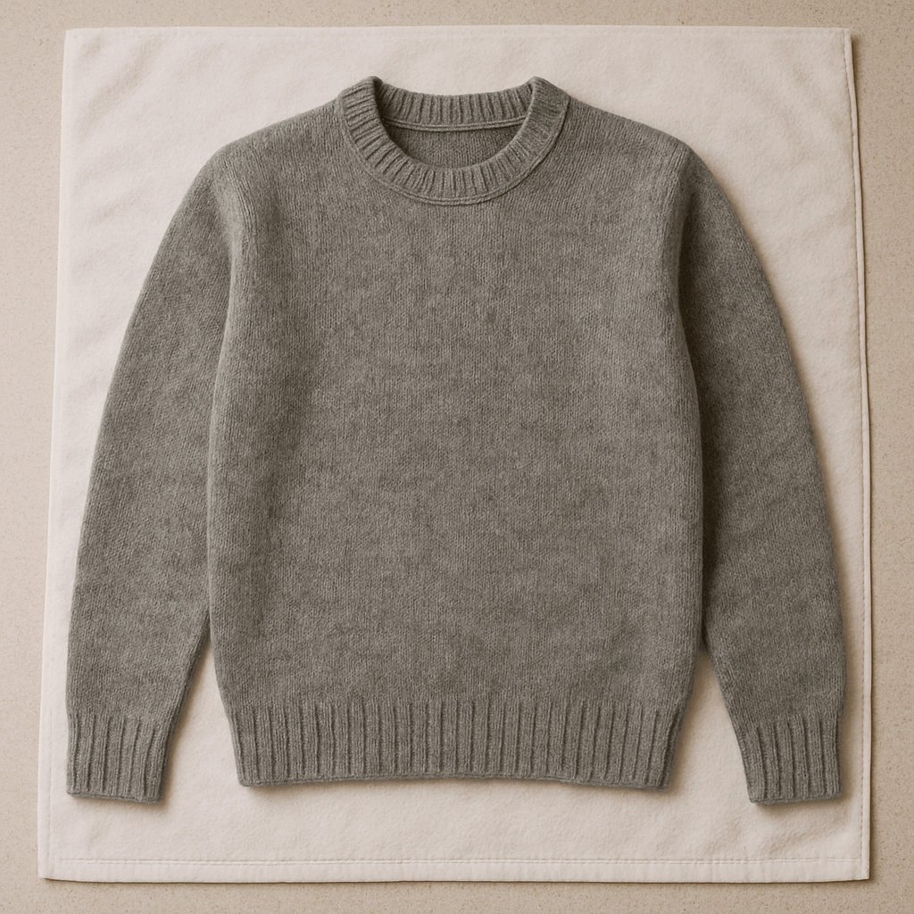A wool sweater laid flat on a towel to air dry